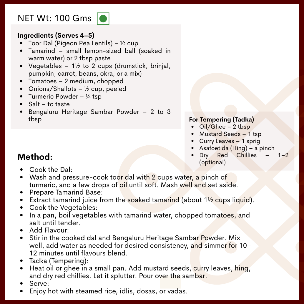 Bengaluru Heritage Sambar Powder – Authentic South Indian Spice Blend