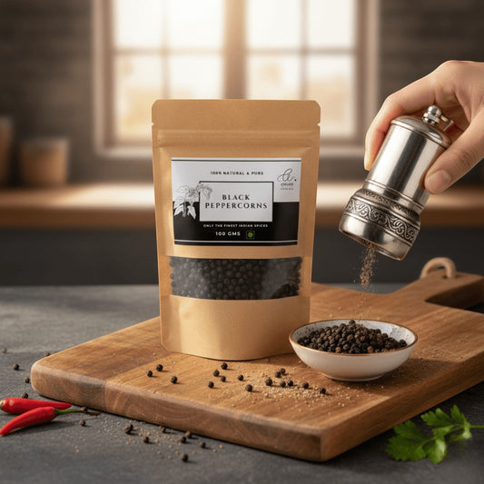 Angadi of Spices whole black peppercorns, TGSEB grade, 100gms in a resealable pouch. Freshly ground pepper is being dispensed from a silver mill.