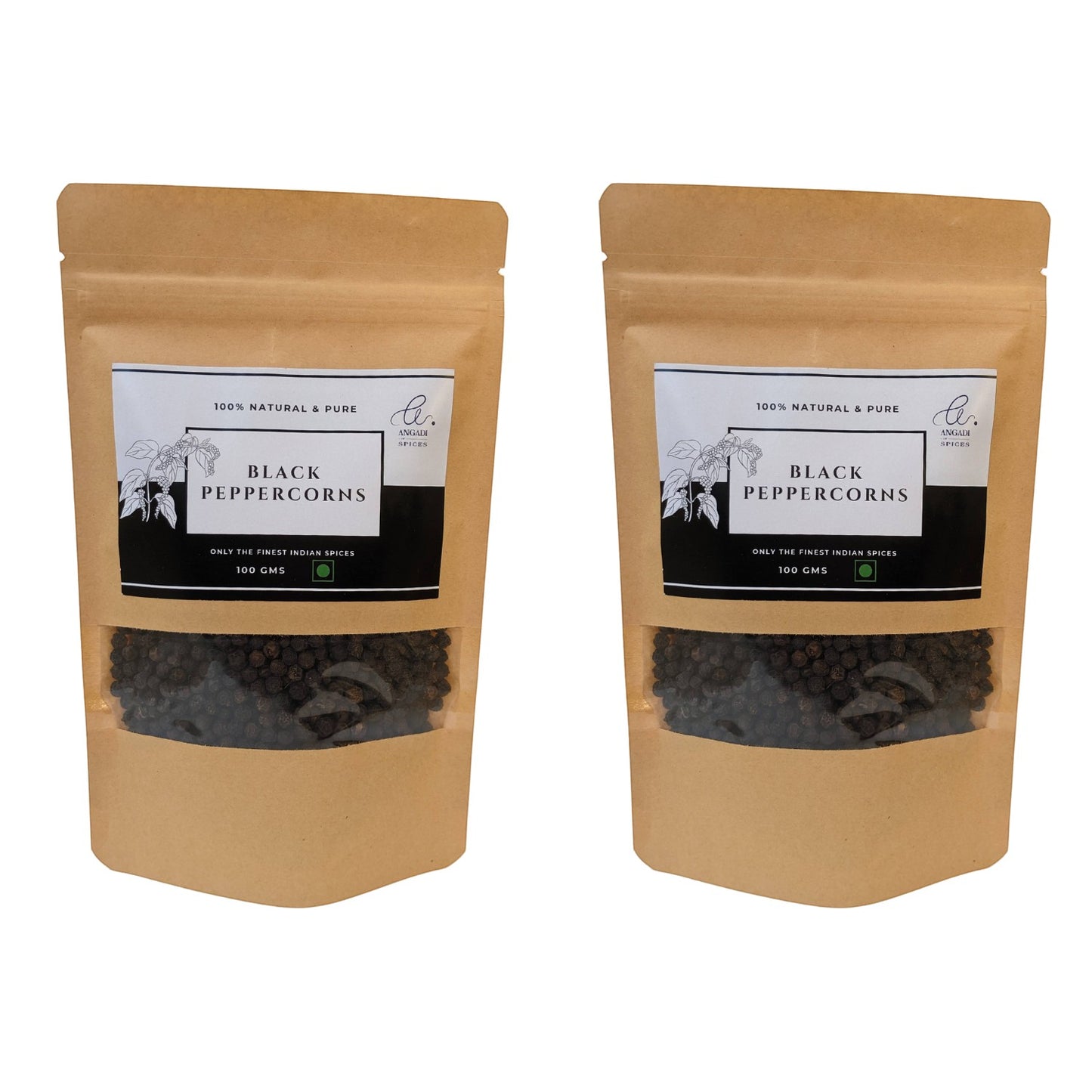 Angadi of Spices whole black peppercorns, TGSEB grade, in a resealable kraft pouch with a clear window showing the whole peppercorns.