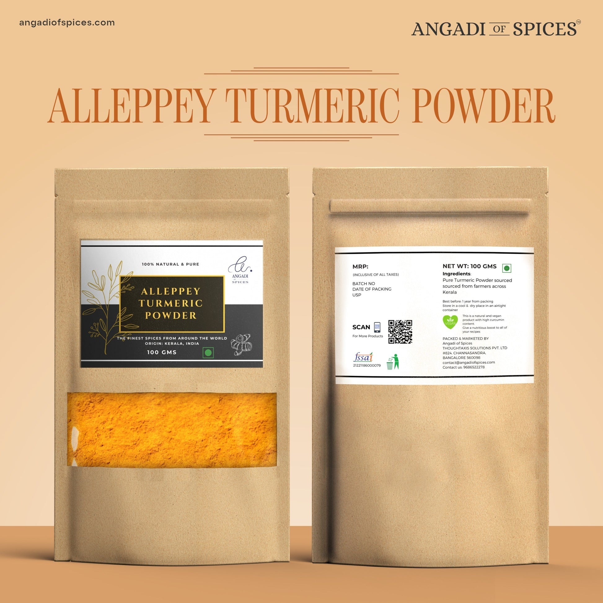 Angadi of Spices Authentic Alleppey Turmeric Powder in a kraft paper pouch, 100 GMS. Vibrant yellow powder visible through a window.