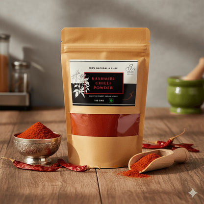 Angadi of Spices Kashmiri Chilli Powder in a resealable pouch, with a small bowl and wooden scoop of powder, and dried chillies.