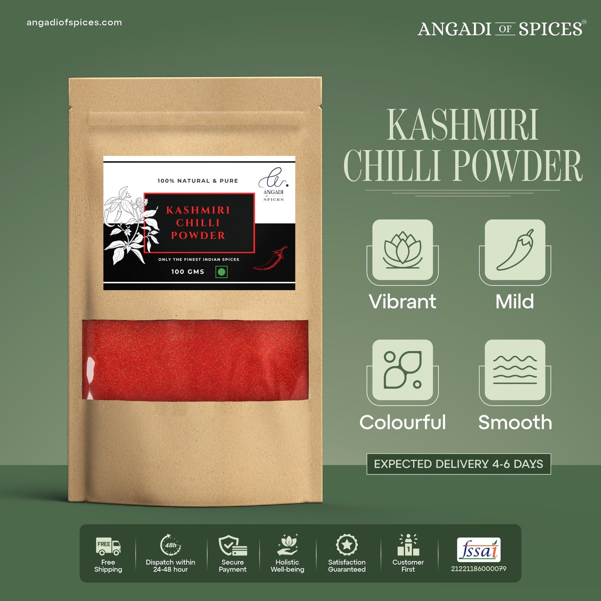 Angadi of Spices Kashmiri Chilli Powder in a brown pouch, showing vibrant red powder with mild pungency and smooth texture.
