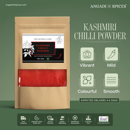 Angadi of Spices Kashmiri Chilli Powder in a brown pouch, showing vibrant red powder with mild pungency and smooth texture.