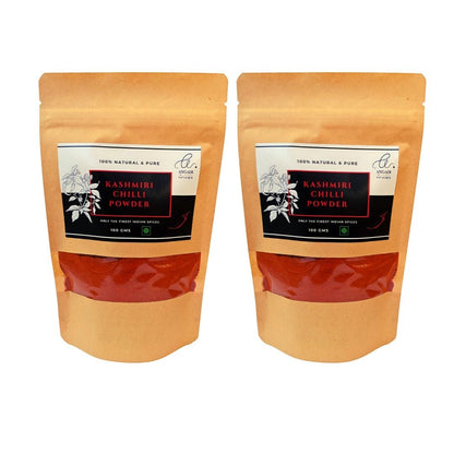 Angadi of Spices Kashmiri Chilli Powder in resealable pouches, vibrant red hue, 100g each.