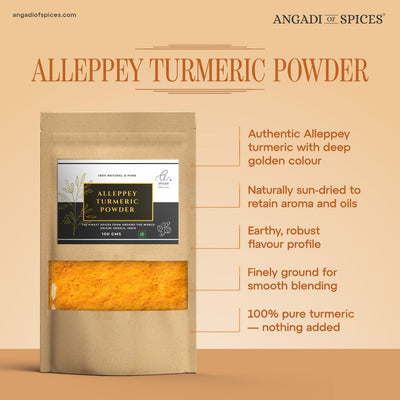 Angadi of Spices Authentic Alleppey Turmeric Powder in a brown pouch, featuring a window showing the vibrant golden powder. Ideal for curries and wellness drinks.