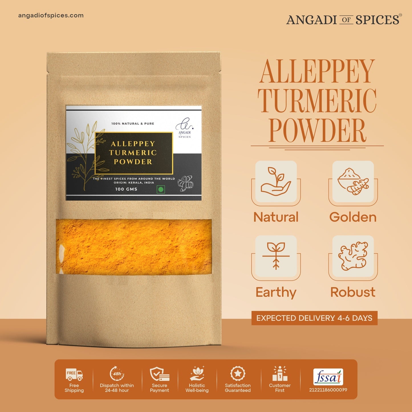 Angadi of Spices Authentic Alleppey Turmeric Powder in a brown pouch with a clear window showing the vibrant yellow powder. Natural, golden, earthy, and robust.