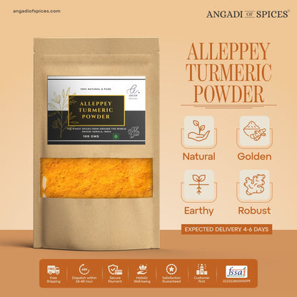 Angadi of Spices Authentic Alleppey Turmeric Powder in a brown pouch with a clear window showing the vibrant yellow powder. Natural, golden, earthy, and robust.