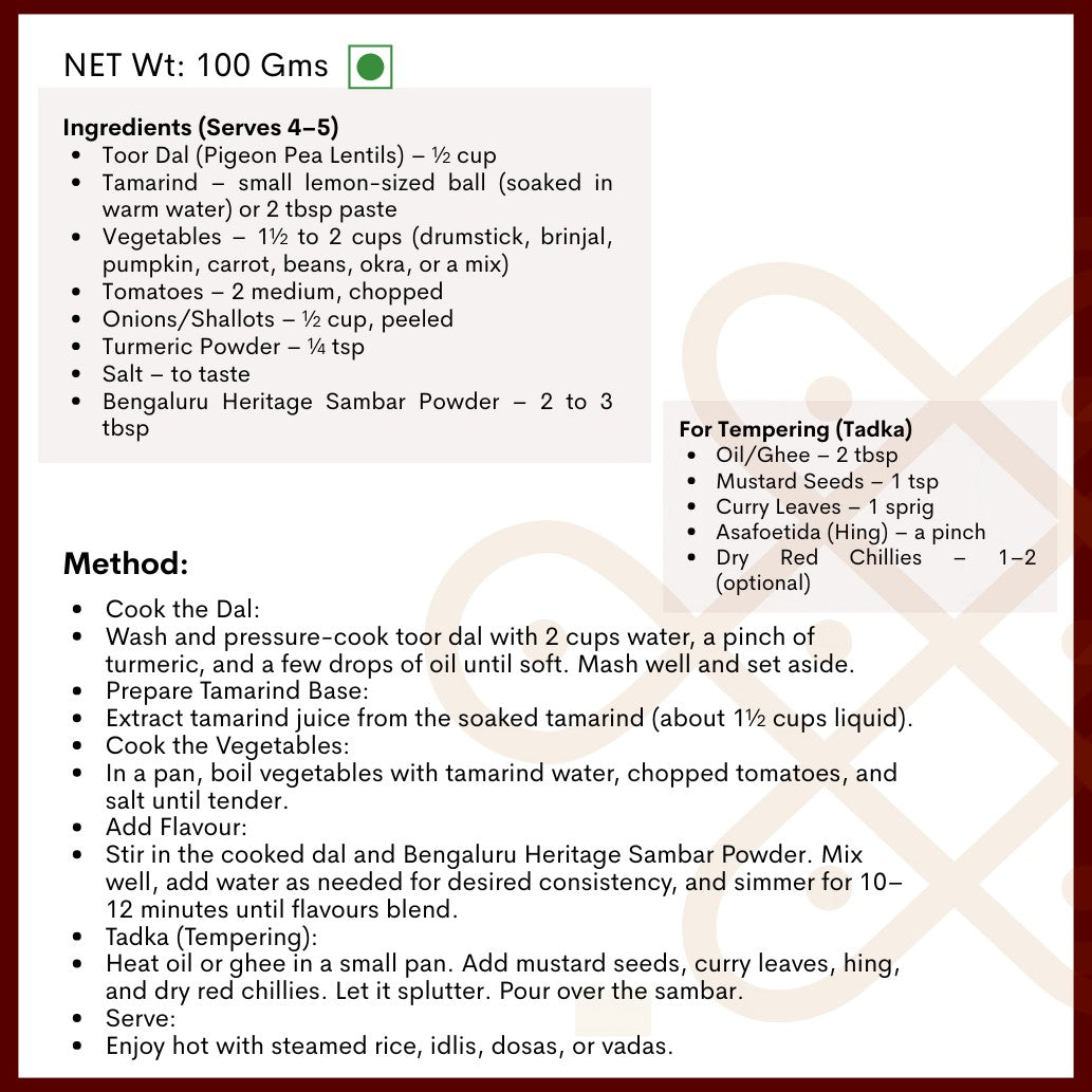Angadi of Spices Bengaluru Heritage Sambar Powder recipe card with ingredients and method for authentic South Indian spice blend.
