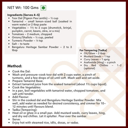 Angadi of Spices Bengaluru Heritage Sambar Powder recipe card with ingredients and method for authentic South Indian spice blend.