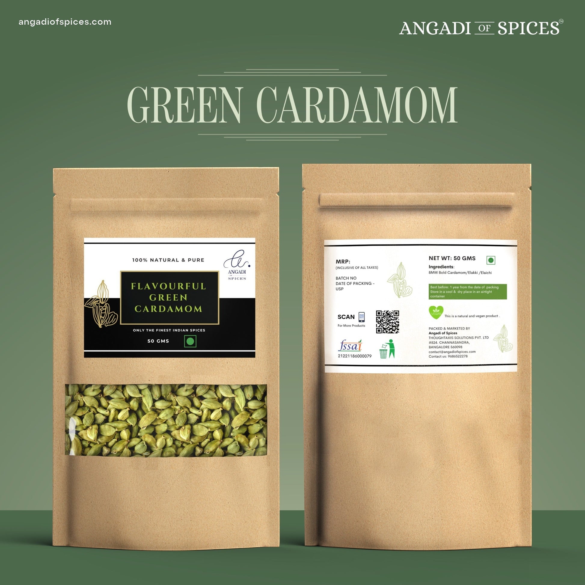 Angadi of Spices premium 8MM whole green cardamom pods, ideal for cooking and baking.