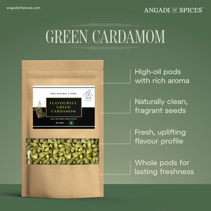Angadi of Spices premium 8MM whole green cardamom pods with rich aroma and fragrant seeds.