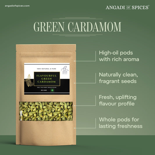 Angadi of Spices premium 8MM whole green cardamom pods with rich aroma and fragrant seeds.