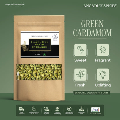 Angadi of Spices 8MM whole green cardamom pods, flavourful and fragrant, ideal for cooking and baking.