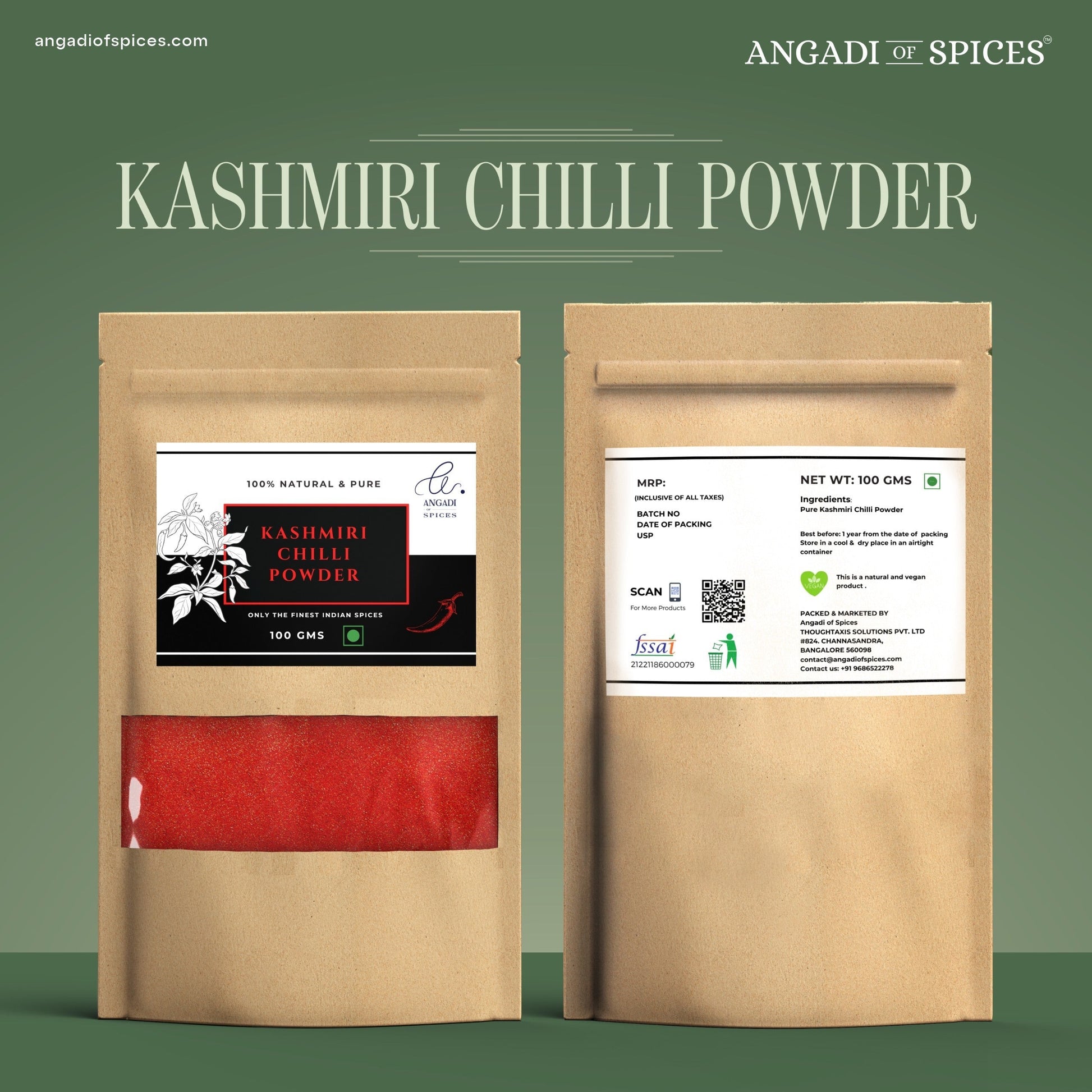 Angadi of Spices Kashmiri Chilli Powder in a resealable pouch, showing vibrant red powder and detailing nutritional benefits.