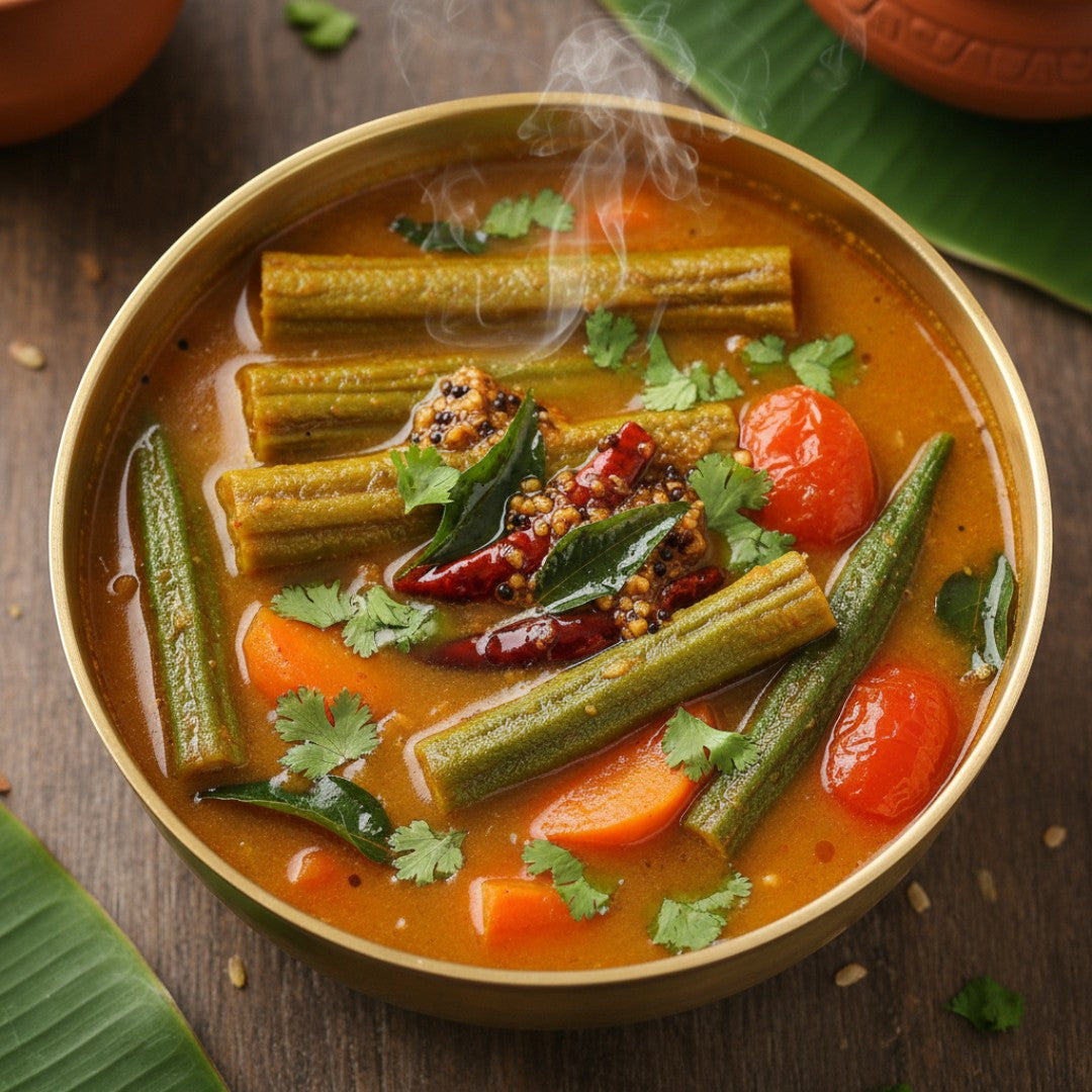 Angadi of Spices Bengaluru Heritage Sambar Powder in a brass bowl with drumsticks, okra, tomatoes, carrots, and cilantro.