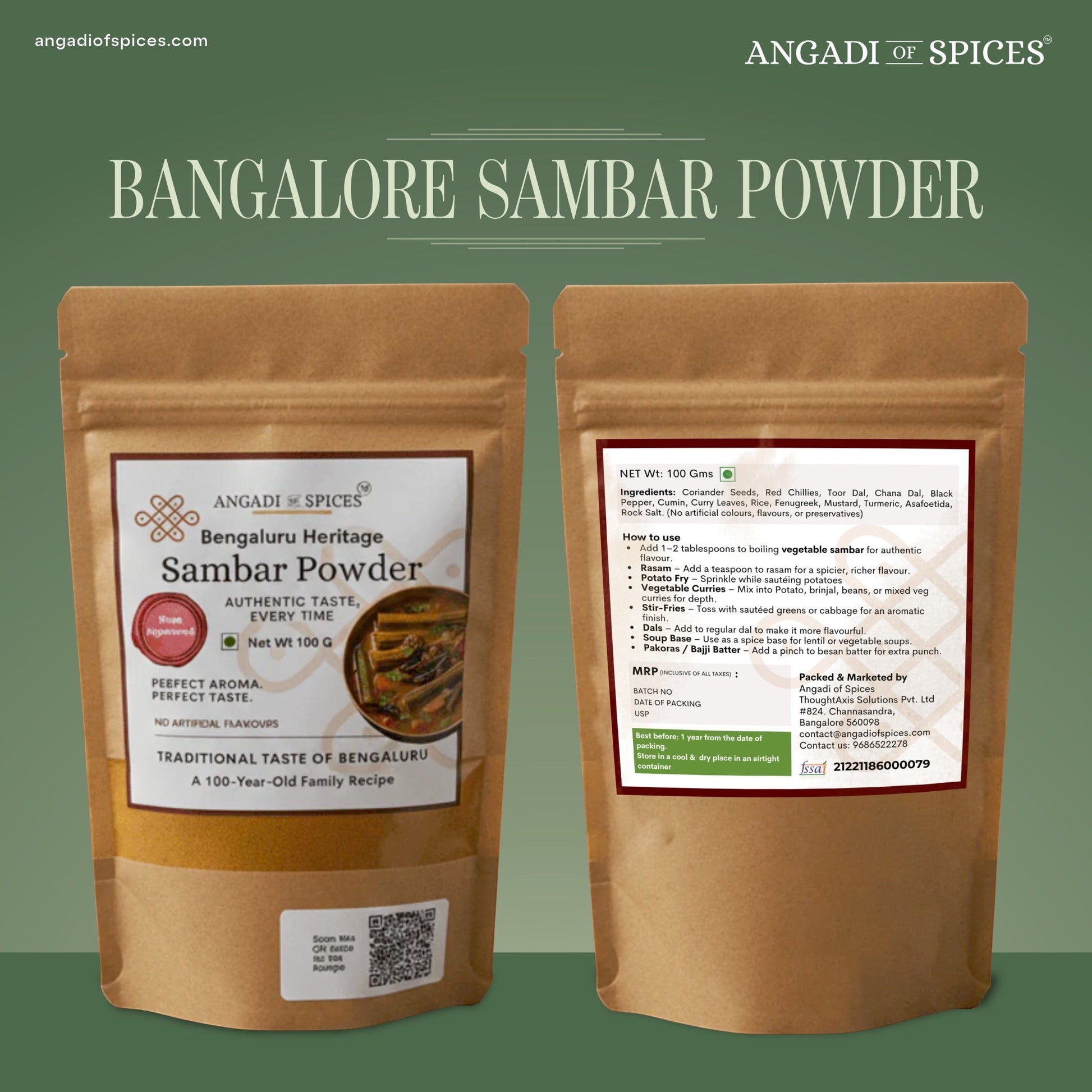 Angadi of Spices Bengaluru Heritage Sambar Powder, a traditional South Indian spice blend in a brown resealable pouch.