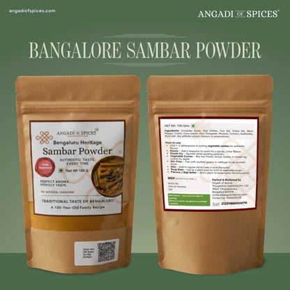 Angadi of Spices Bengaluru Heritage Sambar Powder, a traditional South Indian spice blend in a brown resealable pouch.