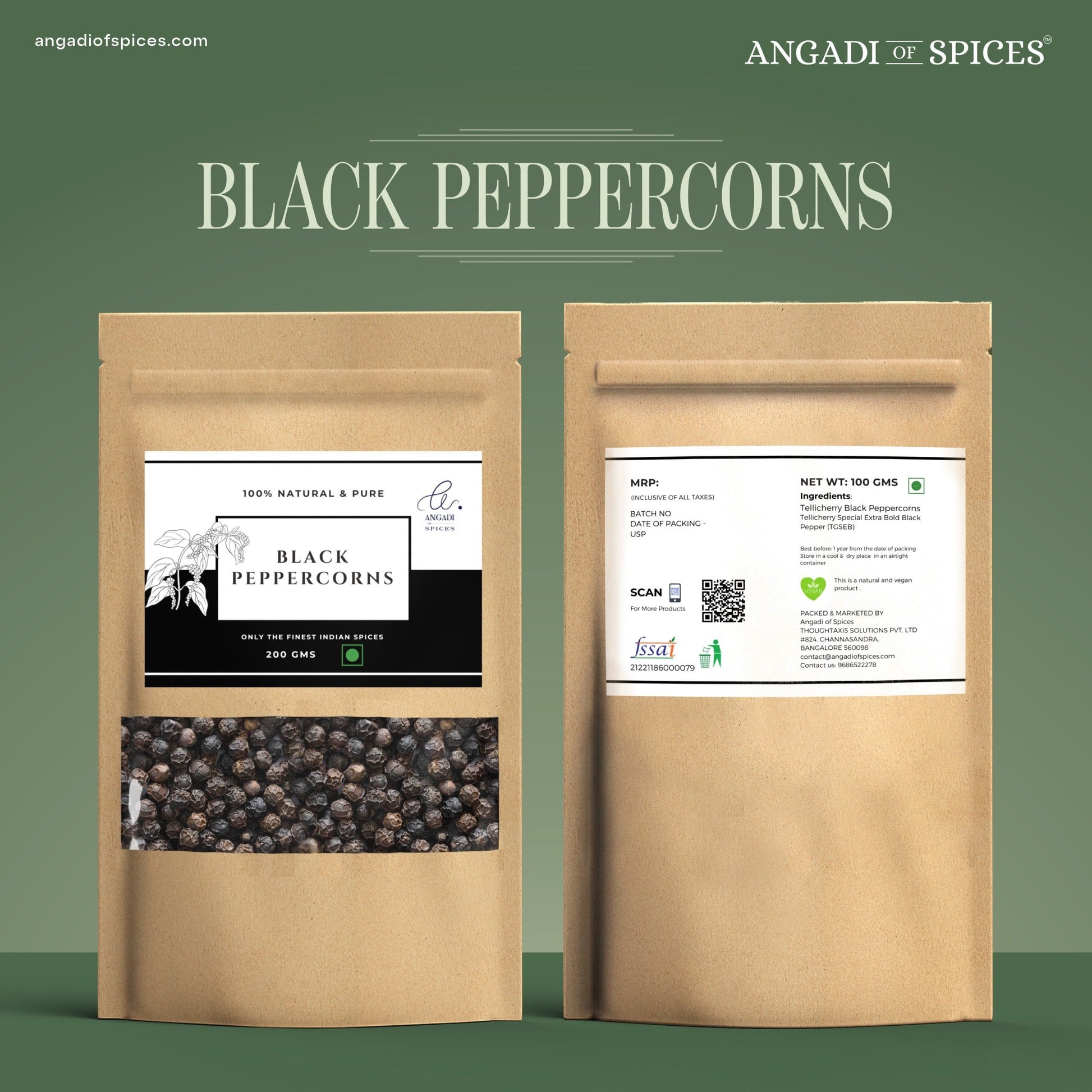 Angadi of Spices whole black peppercorns, TGSEB grade, 200g pouch. Bold, aromatic, and premium quality kali mirch for cooking.