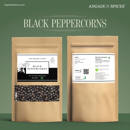 Angadi of Spices whole black peppercorns, TGSEB grade, 200g pouch. Bold, aromatic, and premium quality kali mirch for cooking.
