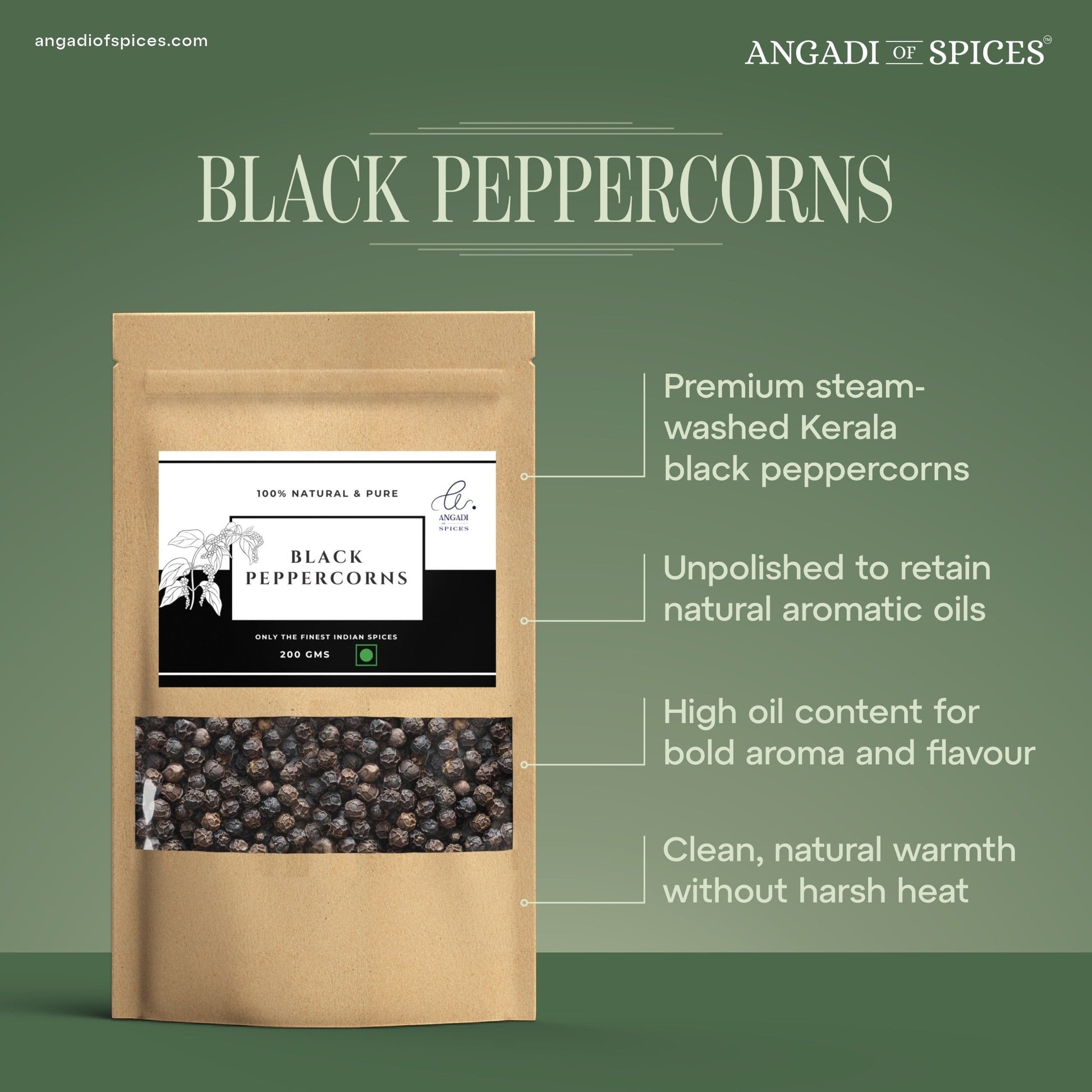 Angadi of Spices TGSEB grade whole black peppercorns in a kraft paper pouch, 200g.