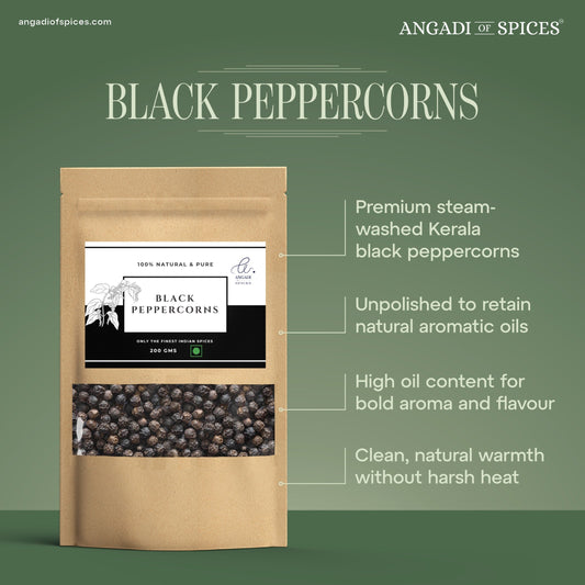 Angadi of Spices TGSEB grade whole black peppercorns in a kraft paper pouch, 200g.