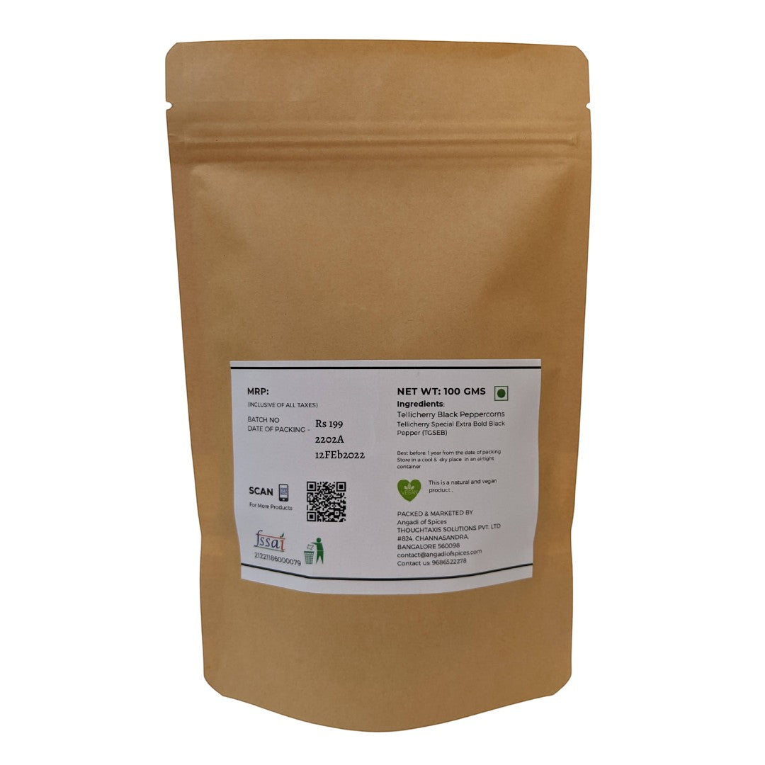 Angadi of Spices whole black peppercorns, TGSEB grade, 100g pouch. Bold, aromatic Tellicherry peppercorns for fresh grinding.