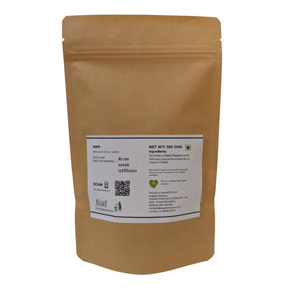 Angadi of Spices whole black peppercorns, TGSEB grade, 100g pouch. Bold, aromatic Tellicherry peppercorns for fresh grinding.