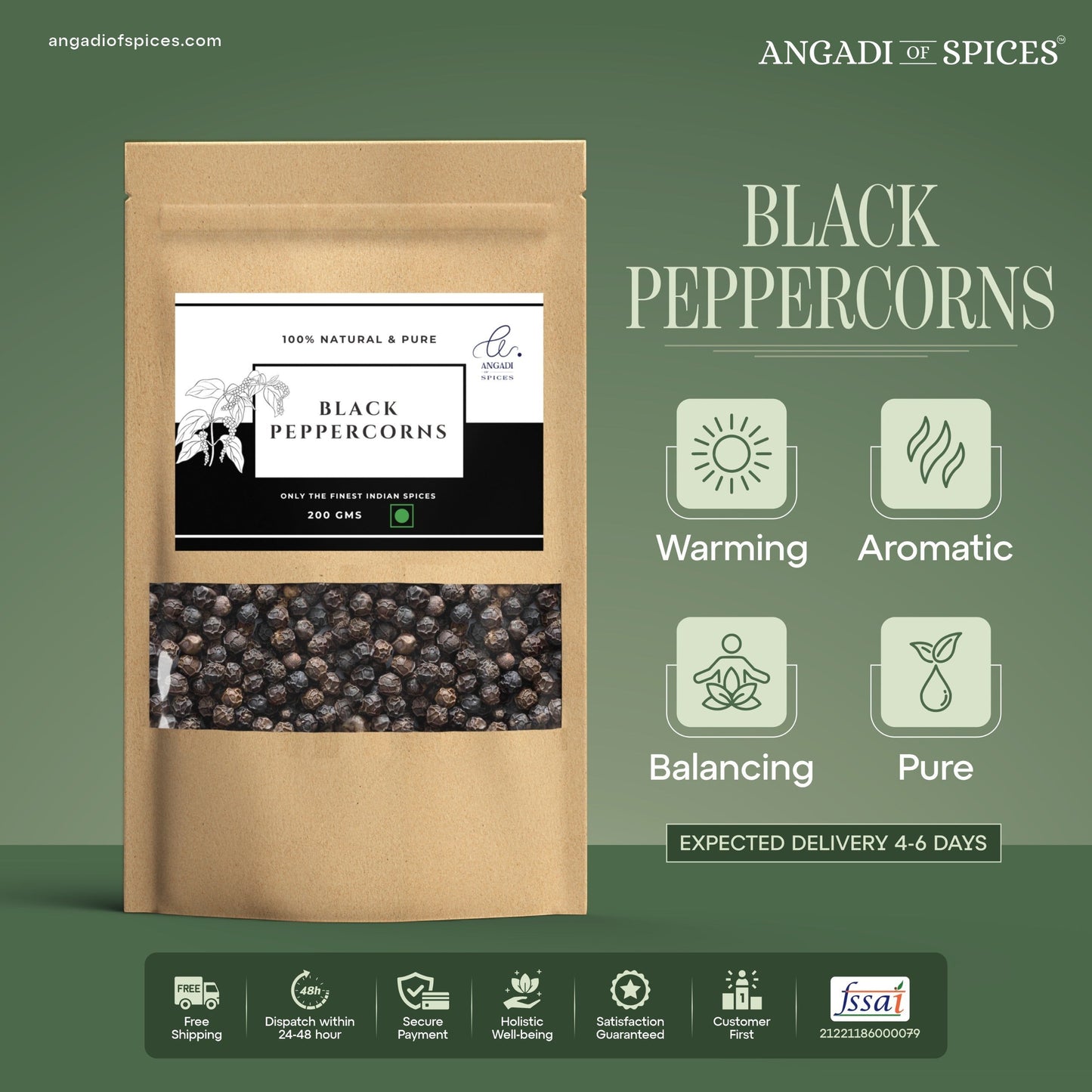 Angadi of Spices whole black peppercorns, TGSEB grade, 200g pouch. Bold, aromatic, warming, balancing, and pure.