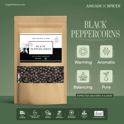 Angadi of Spices whole black peppercorns, TGSEB grade, 200g pouch. Bold, aromatic, warming, balancing, and pure.